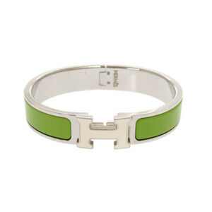 Excellent condition Hermes Clic H Clac PM metal silver hardware green bangle ...